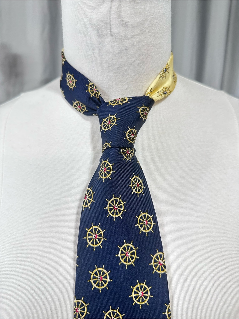 Nautical Wheel Pattern Navy and Gold Men's Tie